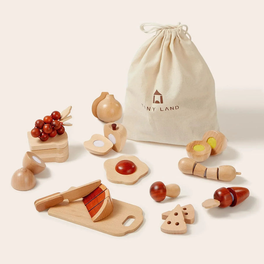 Tiny Land Play Kitchen Accessories – Play Food for Play Kitchen: Wooden Cut and Play Food Toys