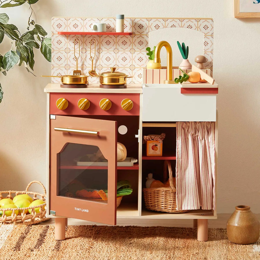 Tiny Land Wooden Play Kitchen for Toddlers - Honey Kitchenette Pretend Cooking Set
